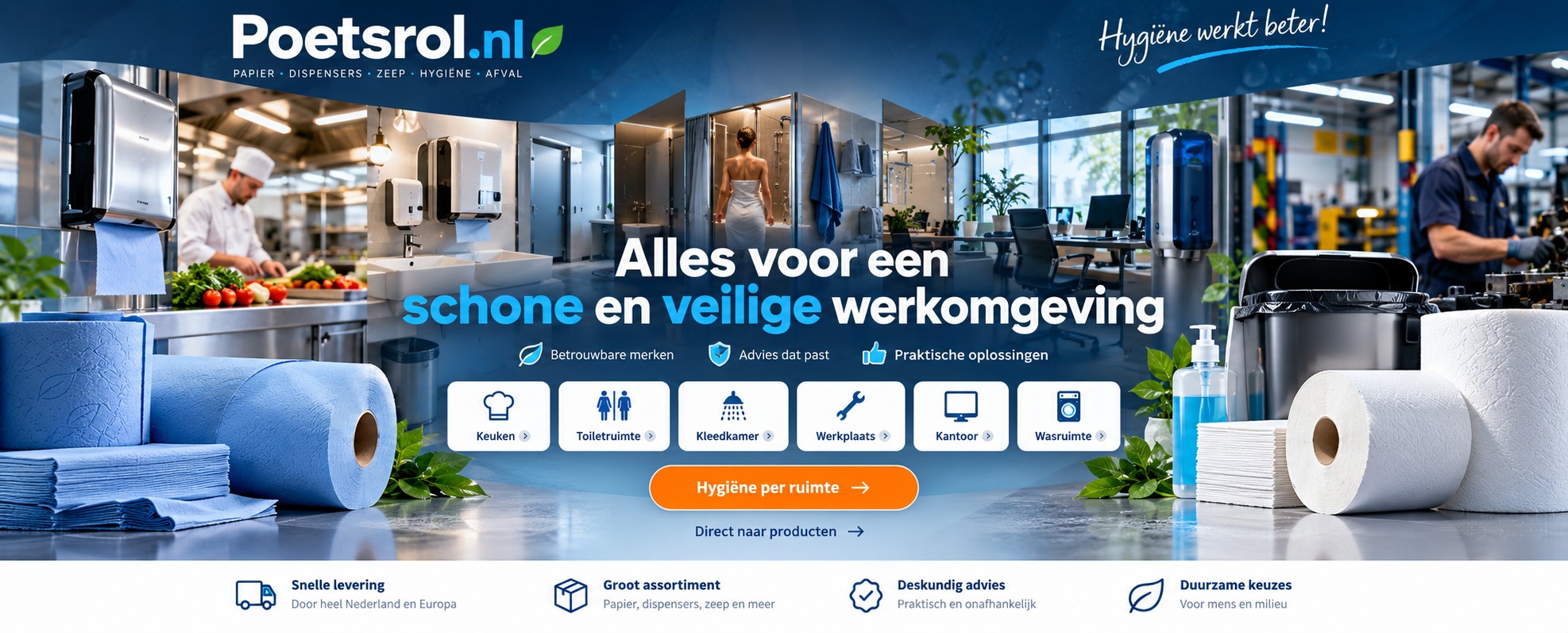 Professionele hygiëneoplossingen per ruimte: poetsrollen, handdoekpapier, zeepdispensers, afvalbakken en sanitair voor keuken, toiletruimte, kleedkamer, werkplaats, kantoor en wasruimte.